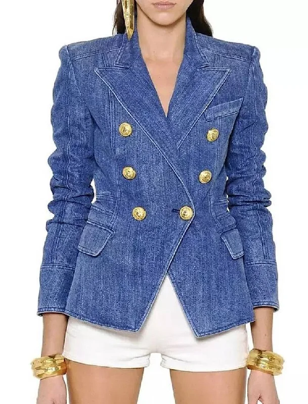 minimalist coats for women -Double Breasted Denim Blazer With Gold Buttons