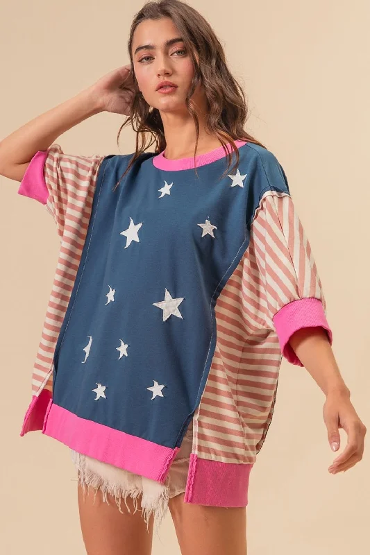 soft fabric tops for women -BiBi US Flag Theme Color Block Star Patch T-Shirt