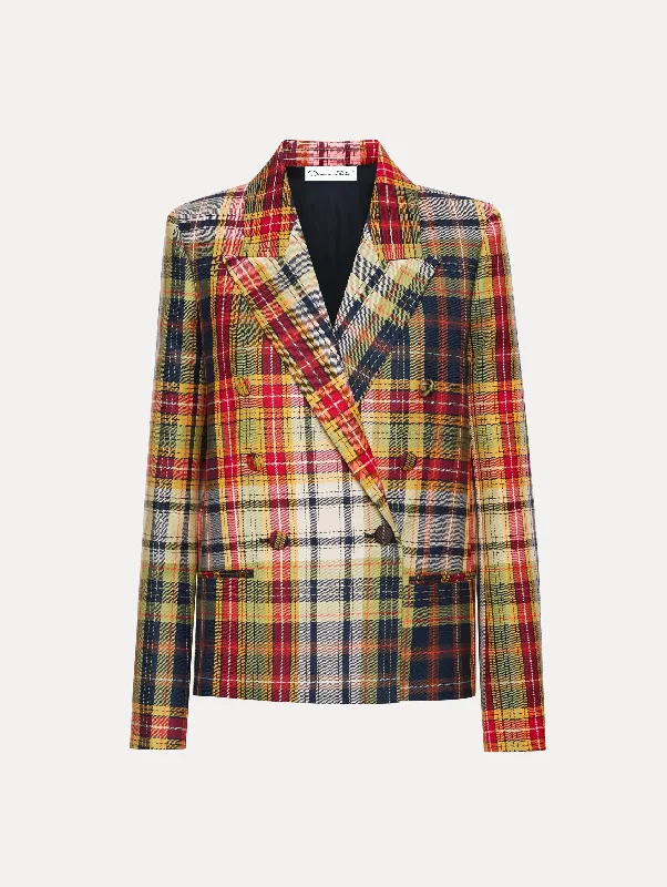 breathable jackets for women -Double Breasted Plaid Jacket