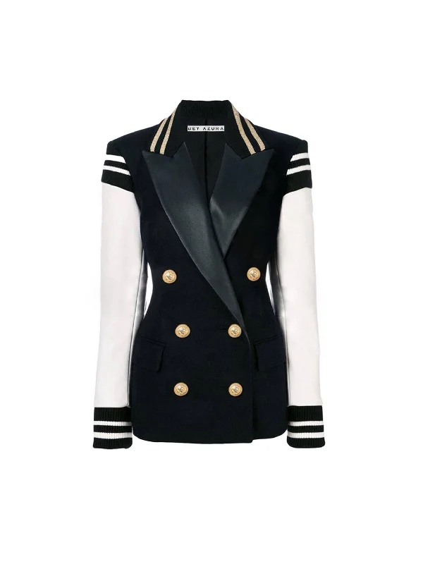 casual zip-up jackets for women -Black And White Double Breasted Blazer