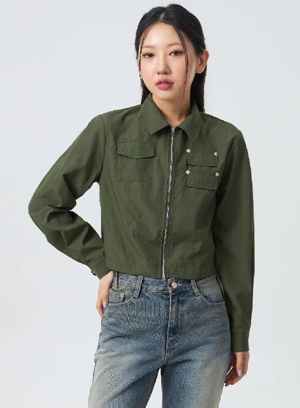 breathable jackets for women -Cropped Zip-Up Jacket CM329