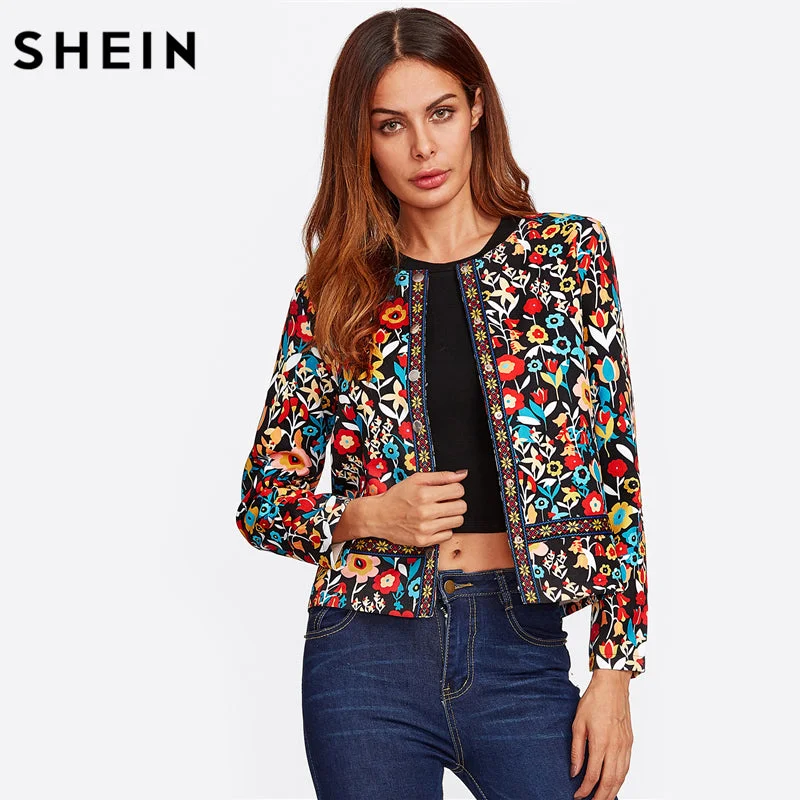 women's quilted jackets -SHEIN Press Button Placket Botanical Jacket Autumn Jacket for Women Multicolor Collarless Single Breasted Elegant Jacket