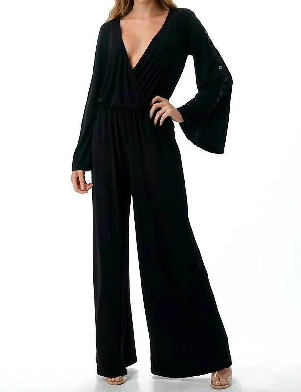 mid-rise pants for women -Gromment-Arm Detail Surplice Jumpsuit In Back