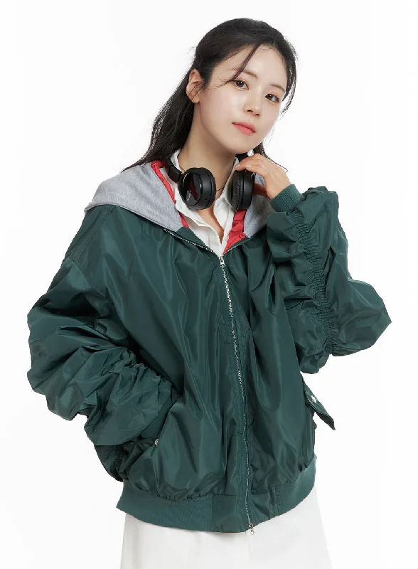 short jackets for women -Contrasting Hoodie Bomber Jacket OM418