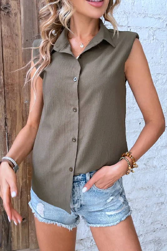 casual loose blouses for women -Collared Neck Sleeveless Shirt