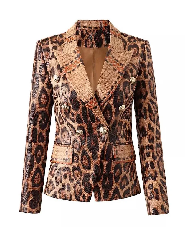 women's double-breasted coats -PU Leather Snake Pattern Blazer