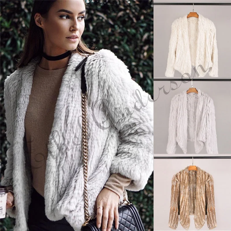 warm winter coats for women -100% Real Knit Rabbit Fur Cardigan Coat Jacket Natural Hand-made Irregular Collar Garment Rabbit Fur Knitted Outerwear Vest