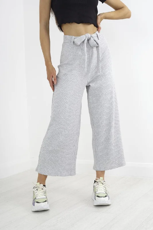 elegant high-waist pants -GREY MARL WIDE LEG ALL OVER RIB BELTED TROUSERS