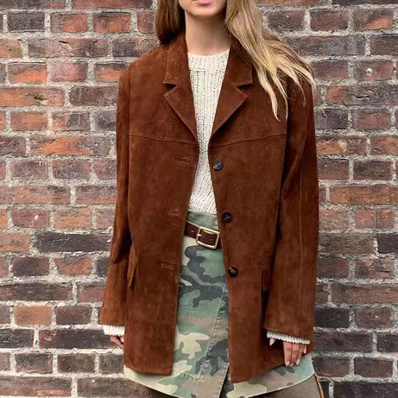 mid-length coats for women -Vintage Brown Suede New Loose Oversized Casual Street Coat