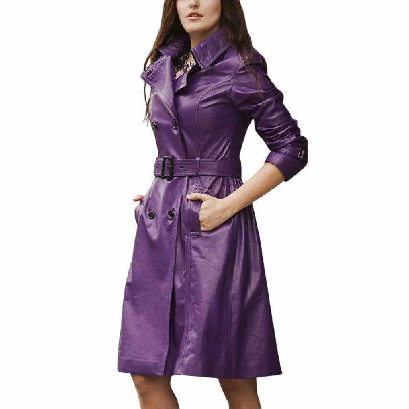 women's hooded coats -Women Slim Fit Genuine Leather Dress Trench Coat