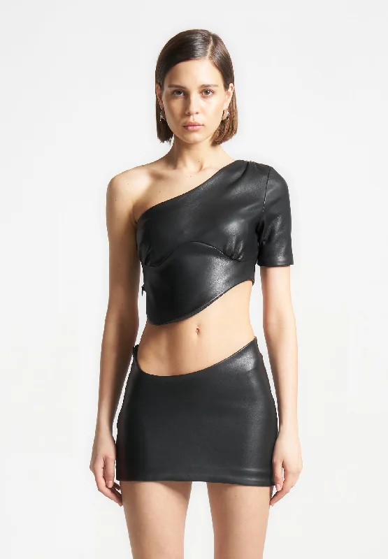 sexy tops for women -Curved Hem Leather Crop Top - Black