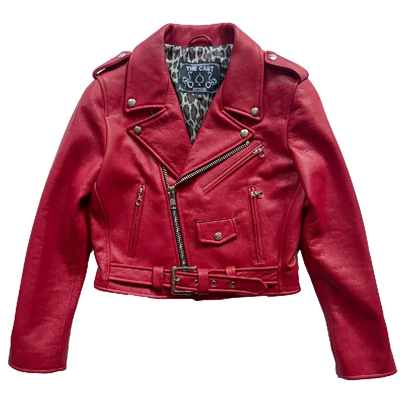 warm down coats for women -CROPPED BOWERY JACKET (RED w/LEOPARD LINING)