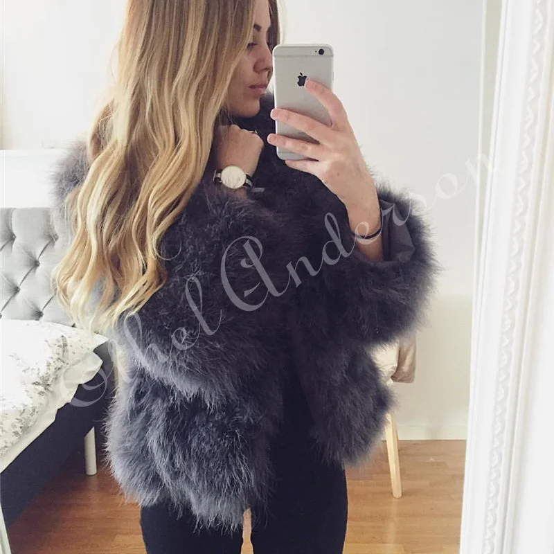 women's double-breasted coats -New Season's 100% Fluffy Feather Fever Fur Jackets Handmade Knitted Genuine Ostrich Fur Coat Women Retail Natural Fur Jacket