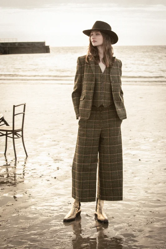 women's skinny trousers -Enya Tweed Culottes - Green Country Check