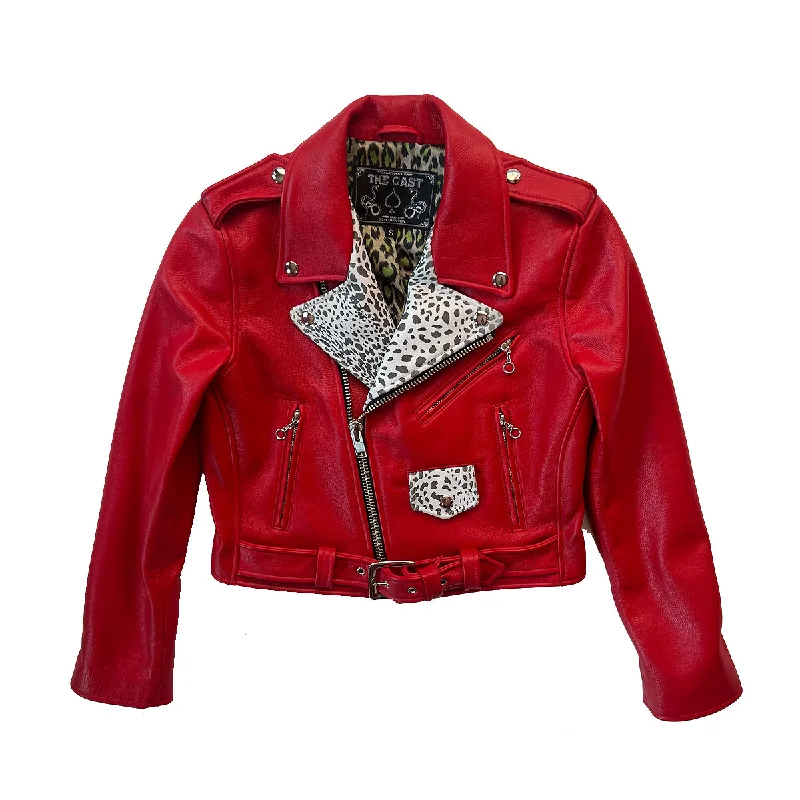 classic trench coats for women -CROPPED BOWERY JACKET (RED w/WHITE LEOPARD LAPELS)