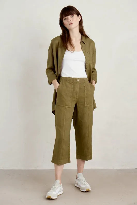 women's harem pants -Seasalt Poleacre Cropped Linen Trousers - Fern Moss