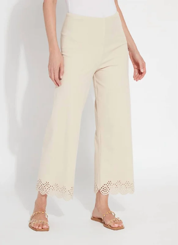 soft fabric pants for women -Cropped Embroidered Eyelet Wide Leg Pant In Light Almond