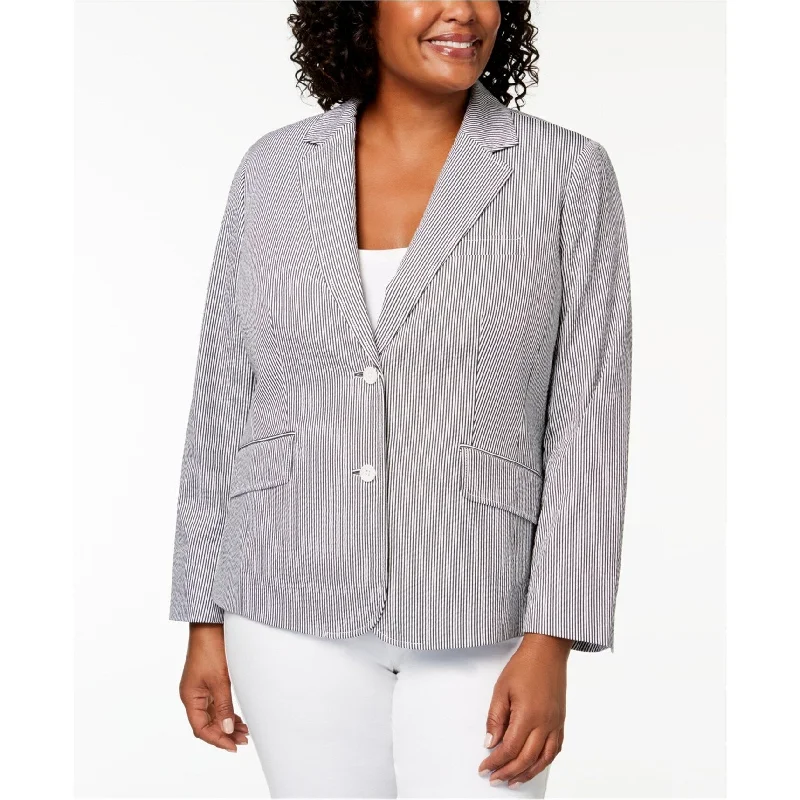 casual zip-up jackets for women -Anne Klein Womens Seersucker Two Button Blazer Jacket, Black, 22W