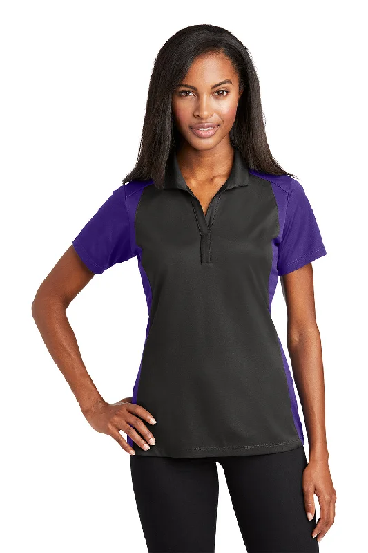 solid color blouses for women -Sport-Tek Womens Sport-Wick Moisture Wicking Short Sleeve Polo Shirt - Iron Grey/Purple