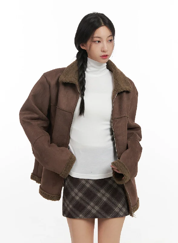 women's winter coats -Zip Up Solid Jacket in Mouton Suede CN428