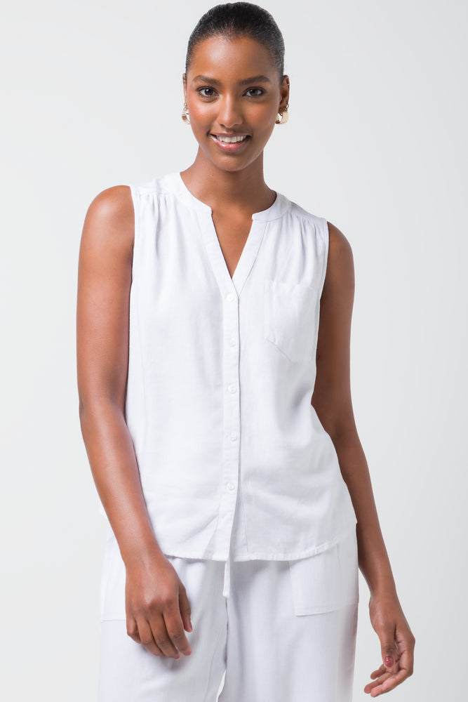 plus size women's tops -Sleeveless Shirt Linen White