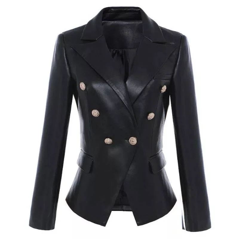 women's varsity jackets -PU Leather Golden Trim Blazer