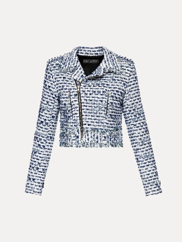 soft wool coats for women -Denim Tweed Biker Jacket