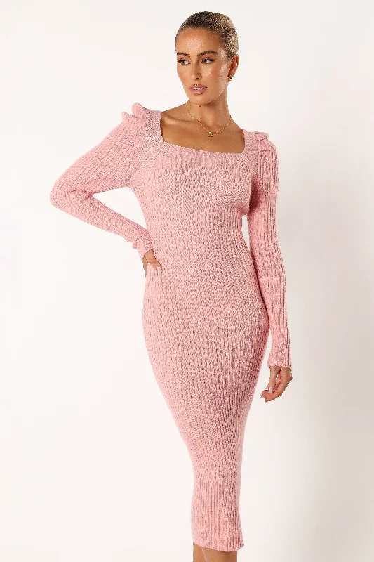 draped tops for women -Camryn Puff Sleeve Knit Sweater Midi Dress - Blush