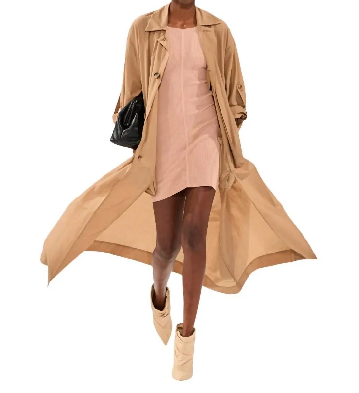 windproof jackets for women -Capospalla Lungo Trench Coat In Beige