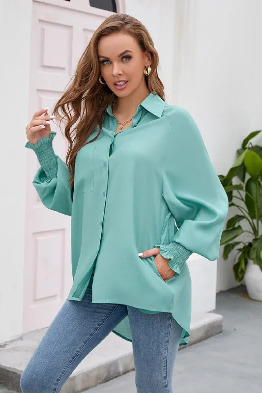 women's ribbed tops -High-Low Collared Neck Lantern Sleeve Shirt