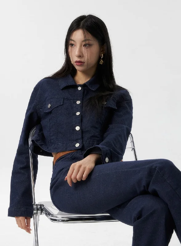 short jackets for women -Buttoned Denim Crop Jacket IS315