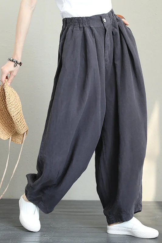 relaxed denim pants for women -Casual Wide Leg Linen Pants Women Loose Trousers Q1290