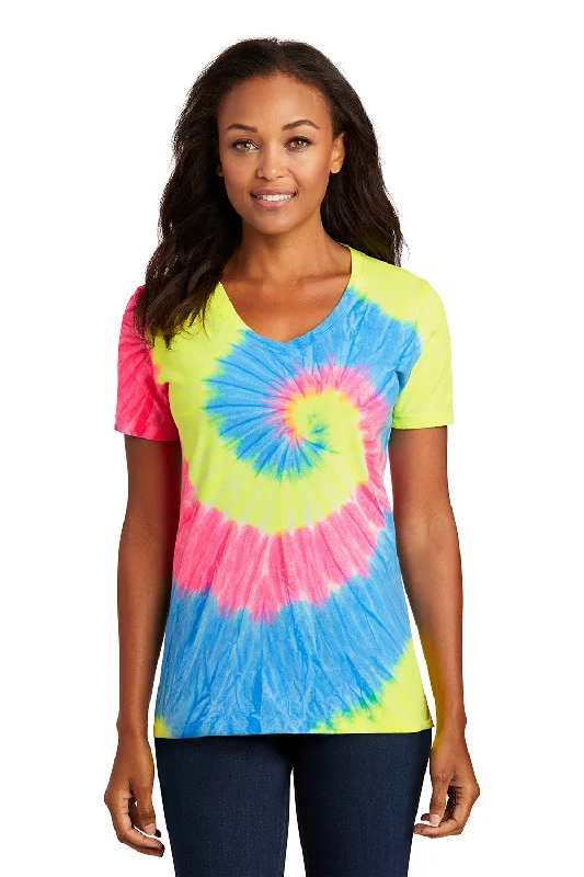 striped shirts for women -Port & Company Womens Tie-Dye Short Sleeve V-Neck T-Shirt - Neon Rainbow