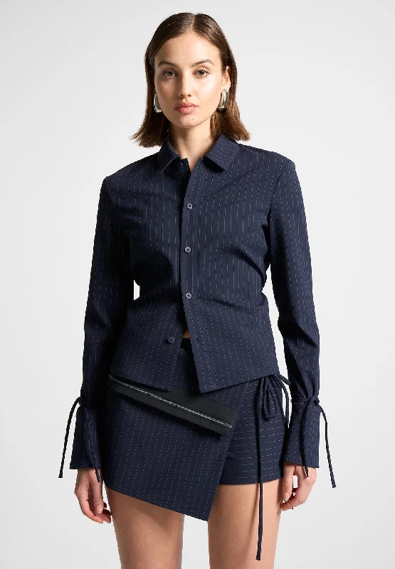 elegant evening tops for women -Pinstripe Cinch Tailored Shirt with Ties - Navy