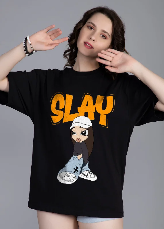 short sleeve tops for women -Slay Printed Black Oversized T-shirt Women | Pronk