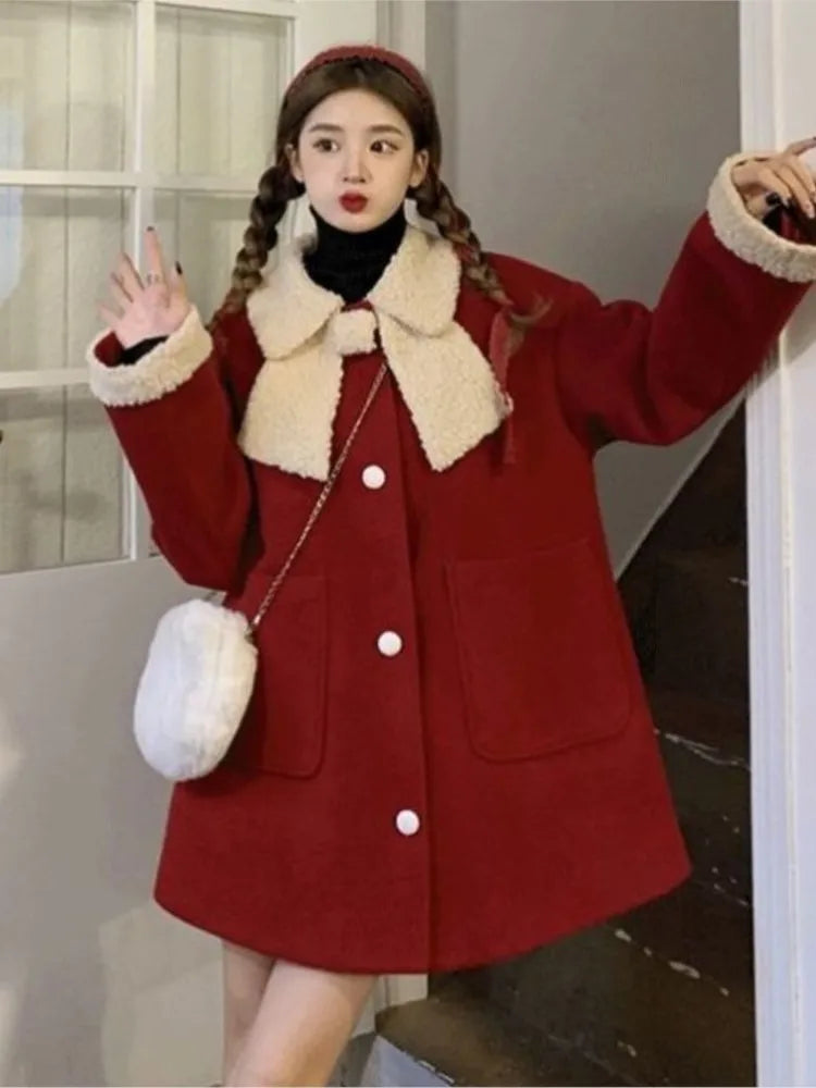 casual bomber jackets for women -Winter Christmas Warm Loose Red Fashion Thick New Coat