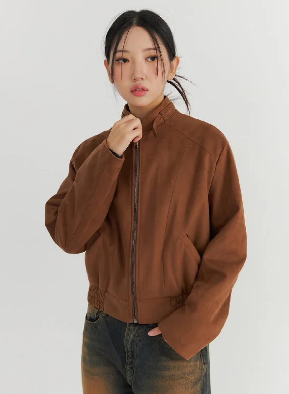 asymmetrical coats for women -Faux Suede Bomber Jacket CO324