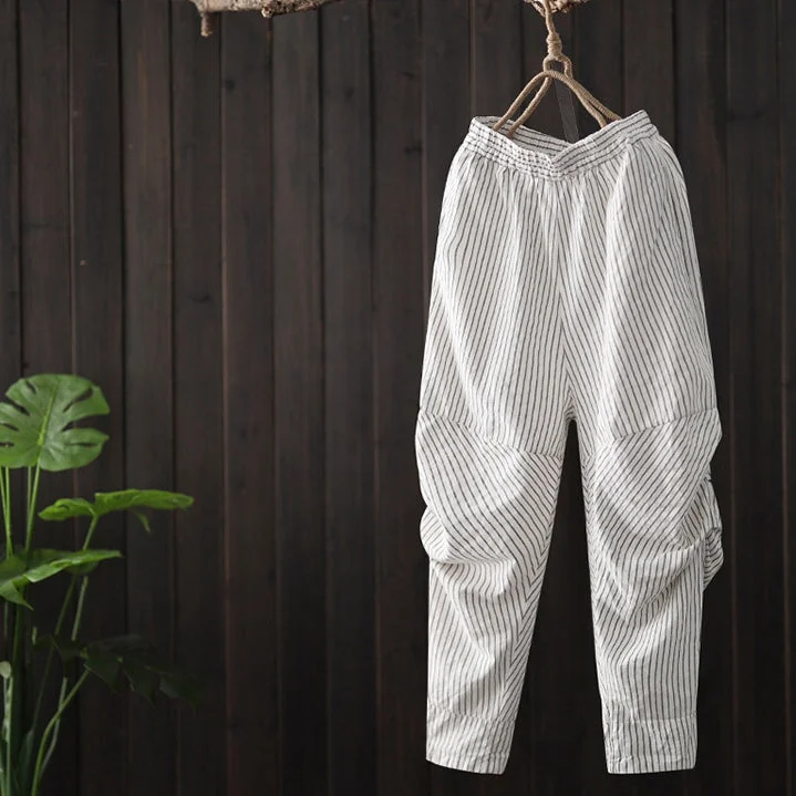 travel pants for women -Casual Vintage Striped Harem Pants Women Loose Cotton Linen Trousers K28015