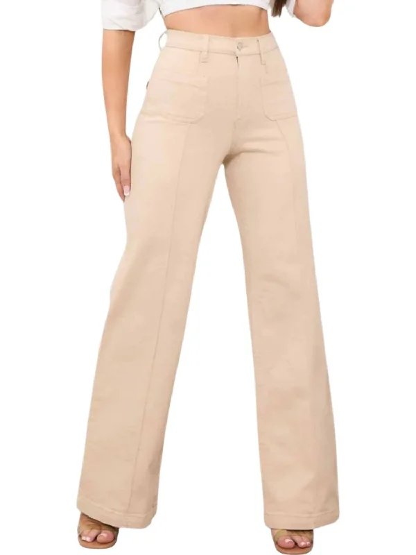 retro-style pants for women -Square Pocket Wide Leg Jeans In Sand