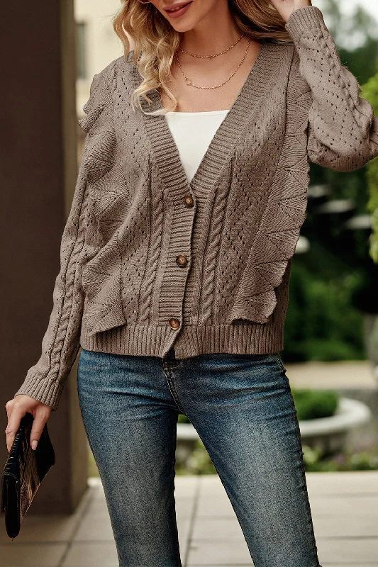 high-neck tops for women -Ruffle Cropped Button Down Knitted Cardigan