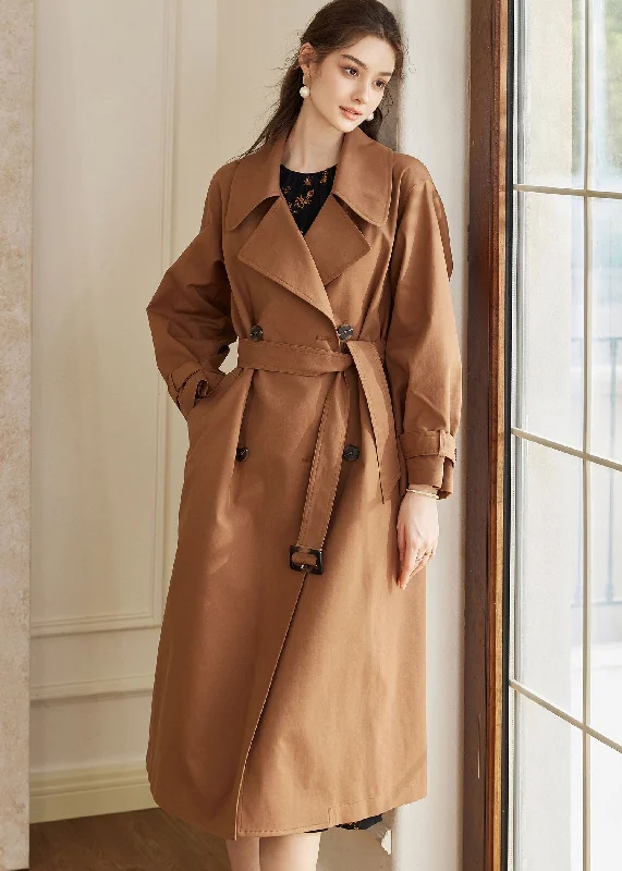 stylish blazers for women -Double Breasted Belted Brown Long Trench Coat