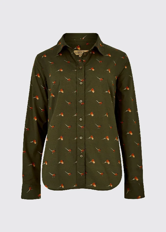 floral print blouses for women -Calamint Women's Pheasant Print Shirt - Olive