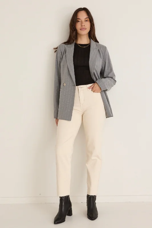 stylish waterfall coats for women -Officer Grey Pinstripe Double Breasted Blazer