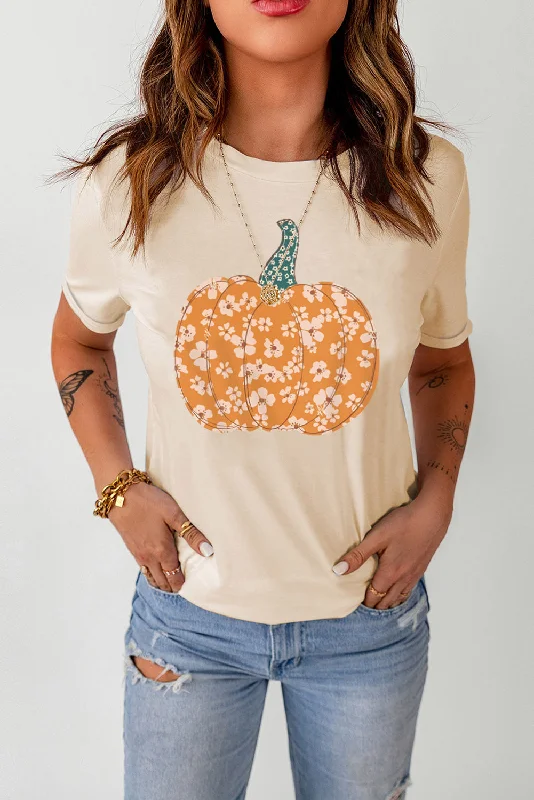 women's off-shoulder tops -Pumpkin Graphic Round Neck Cuffed T-Shirt