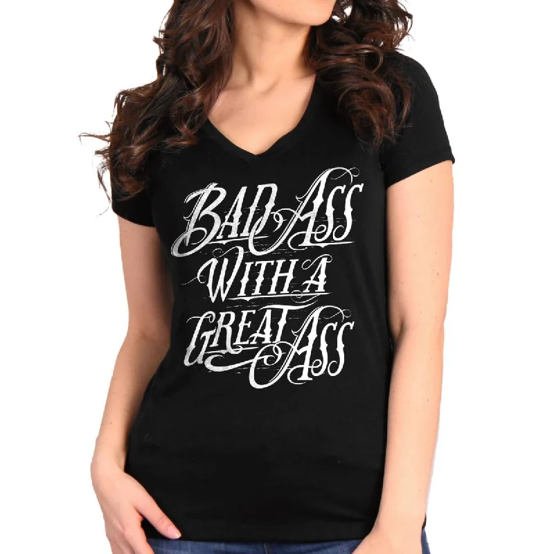 casual long sleeve shirts for women -Hot Leathers GLC1589 Ladies Black Badass with A Great Ass V Burnout T-Shirt