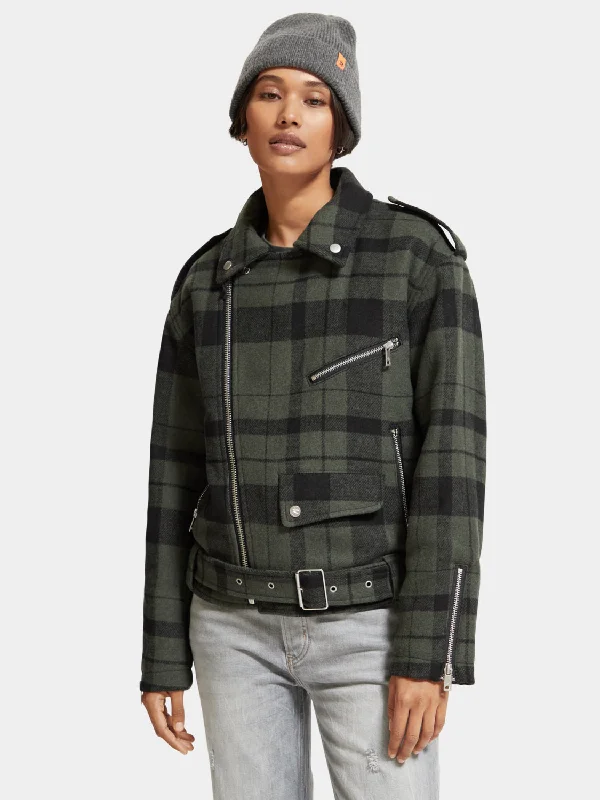 women's puffer jackets -Green check biker jacket