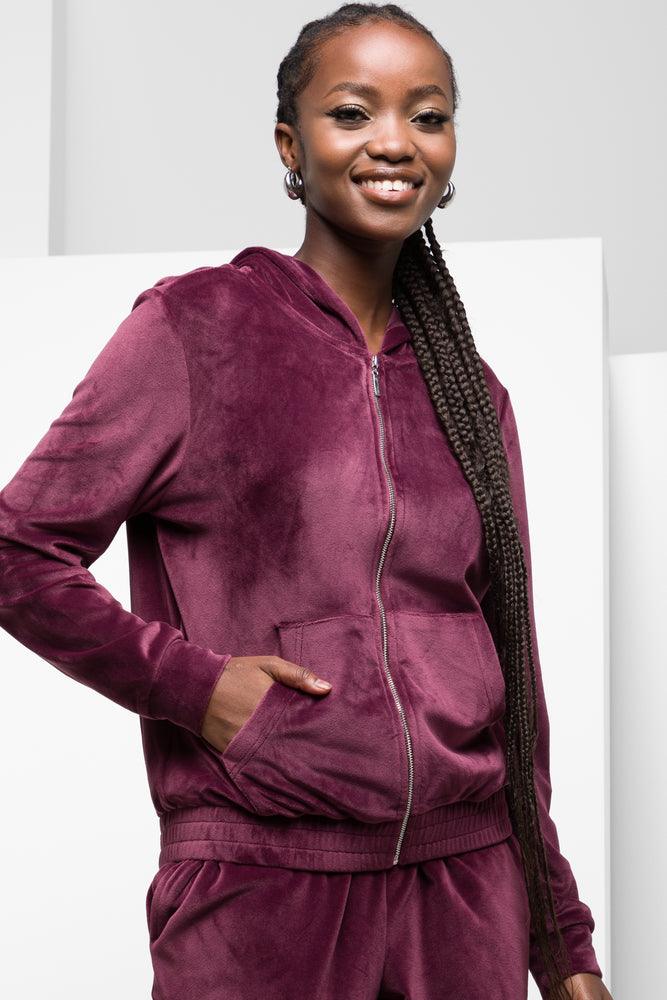 women's tunic tops -Hooded Zip Through Tracktop Burgundy