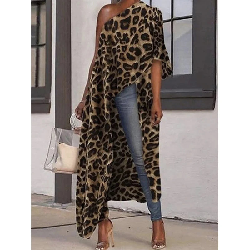 elegant evening tops for women -Uoozee Female Stylish Asymmetric Leopard Printed Tops  2023 Summer One-Shoulder Loose Casual T-Shirt Tops For Women