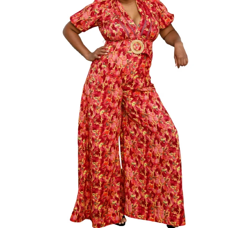 wrinkle-resistant pants for women -Floral Cotton Jumpsuit In Orange