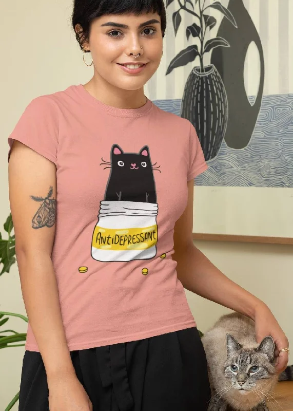 draped tops for women -Antidepressant Cat Women Half Sleeve T-Shirt